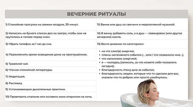 Таблица вечерних ритуалов из курса: тринадцать пунктов и категории дневника