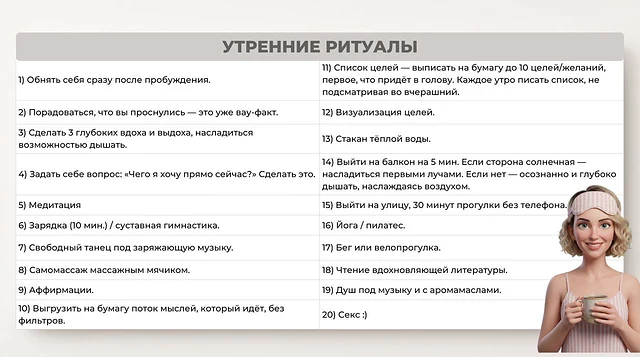 Таблица «Утренние ритуалы» из курса: двадцать пунктов в две колонки