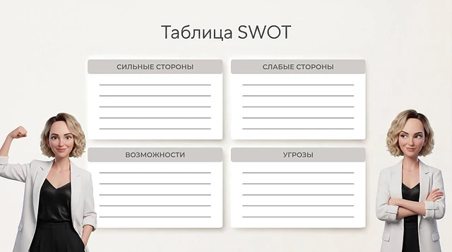 Пустая таблица SWOT из курса: четыре карточки с линейками для заполнения