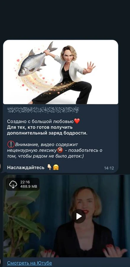 Сообщение раздела «Получить леща» в Telegram и следом видеофайл с весом 488,9 МБ
