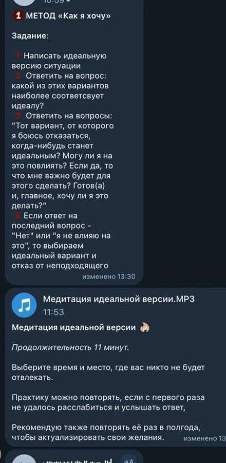 Карточка файла «Медитация идеальной версии» в ленте курса и задание первого метода