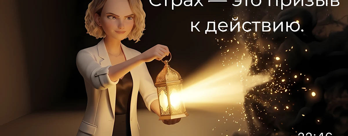 Иллюстрация из курса: я с фонарём в темноте, рядом надпись «Страх — это призыв к действию»