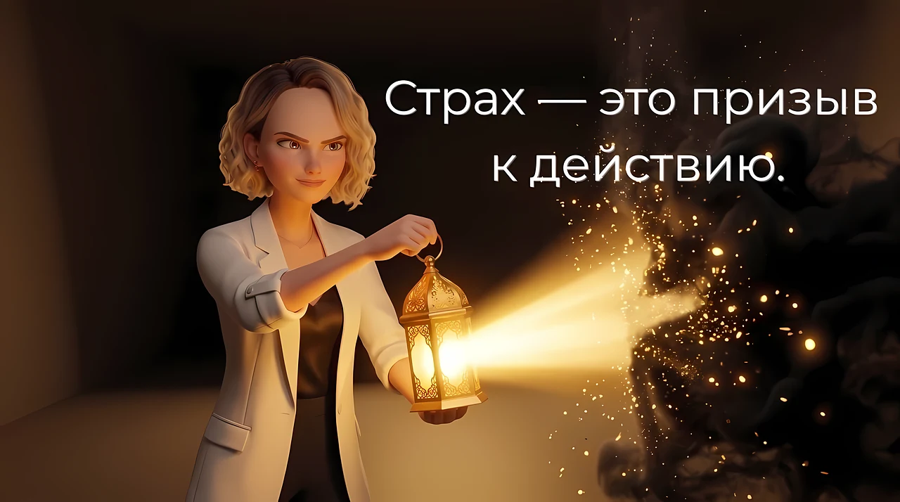 Фонарь в тёмном коридоре, луч разгоняет чёрный дым; на кадре надпись «Страх — это призыв к действию»